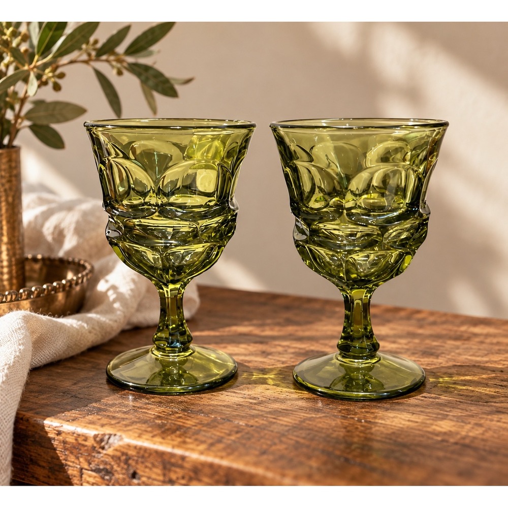 Vintage Green Glass Goblets Set of 2 Mid Century Modern Textured Water Wine Cups